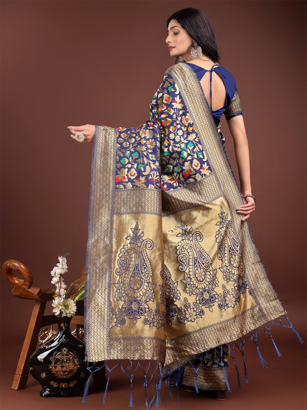 Shree Shyam Fashion Majestic Navy Blue Silk Saree with Gold Zari & Floral Design - Perfect for Festive & Traditional Occasions | Grocsy