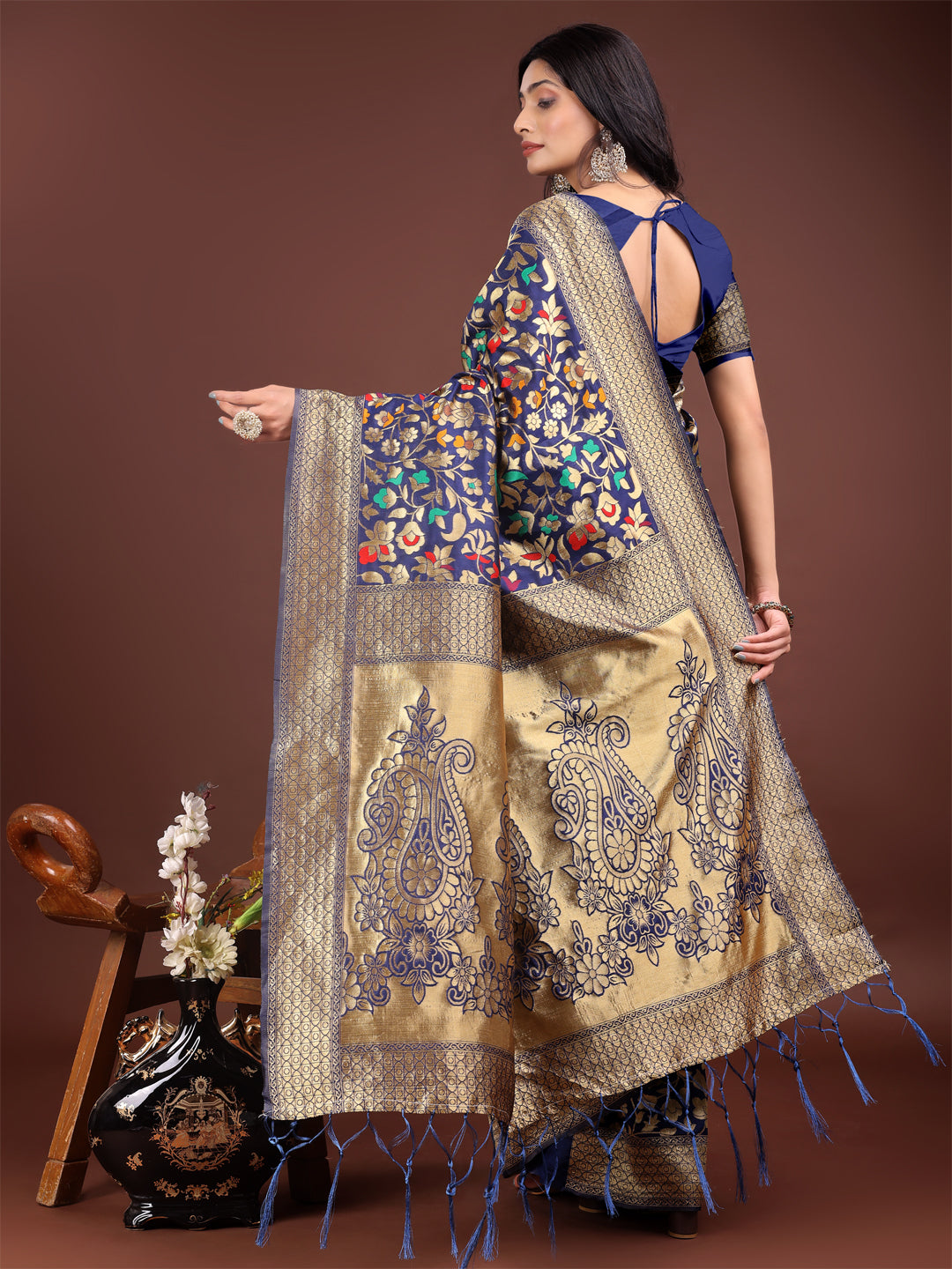 Shree Shyam Fashion Majestic Navy Blue Silk Saree with Gold Zari & Floral Design - Perfect for Festive & Traditional Occasions | Grocsy