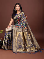 Shree Shyam Fashion Majestic Navy Blue Silk Saree with Gold Zari & Floral Design - Perfect for Festive & Traditional Occasions | Grocsy