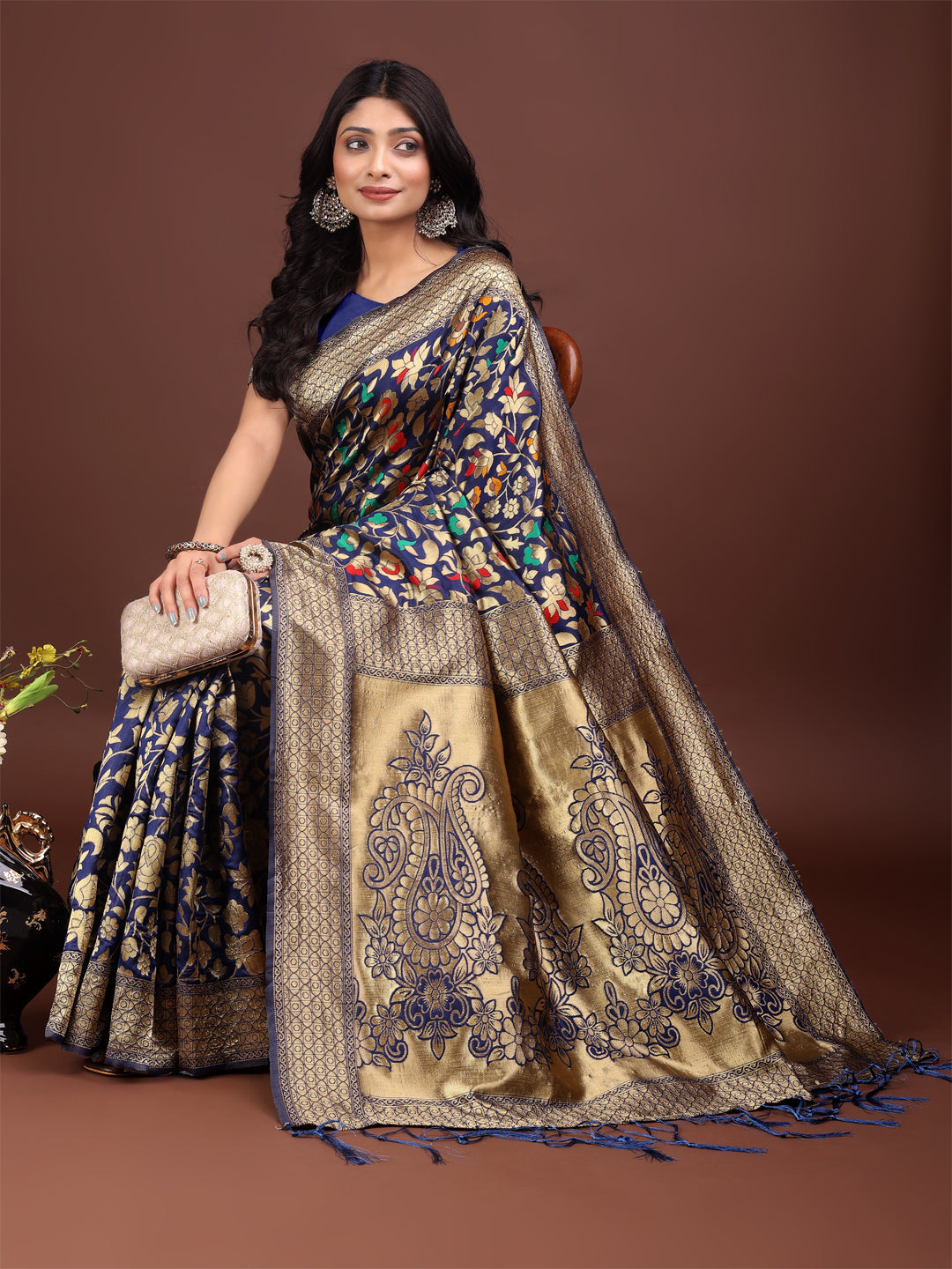 Shree Shyam Fashion Majestic Navy Blue Silk Saree with Gold Zari & Floral Design - Perfect for Festive & Traditional Occasions | Grocsy