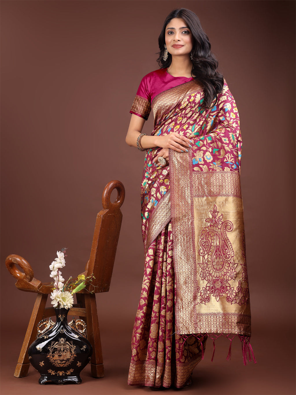 Shree Shyam Fashion Majestic Magenta Silk Saree with Gold Zari & Floral Design - Perfect for Festive & Traditional Occasions | Grocsy