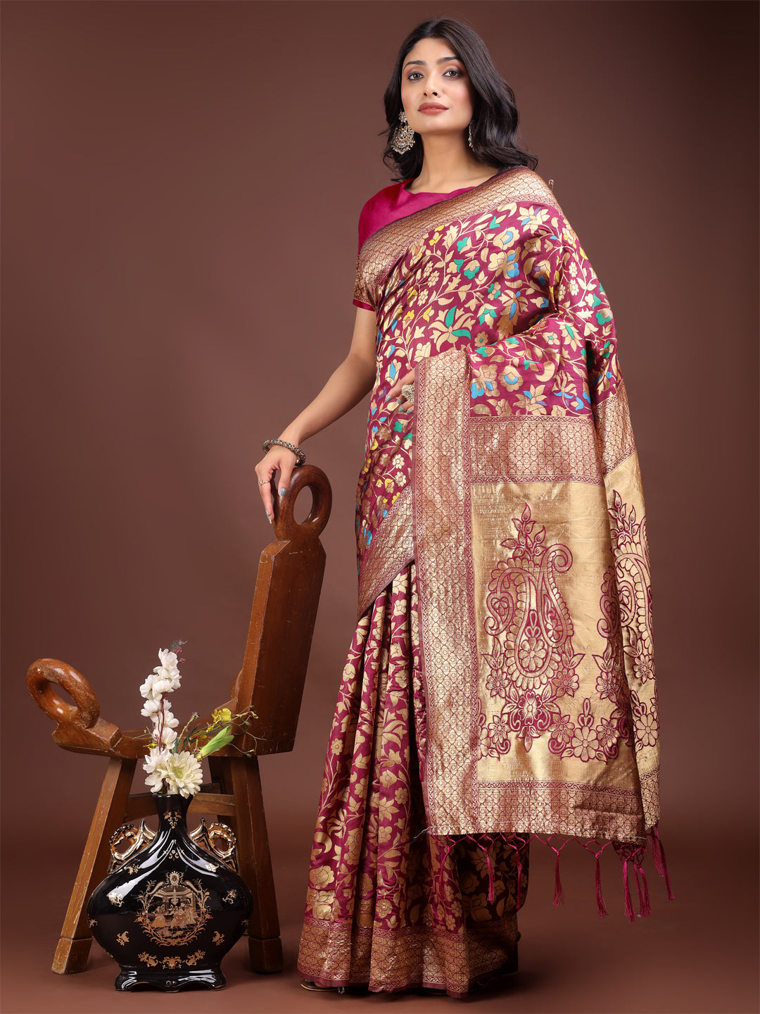 Shree Shyam Fashion Majestic Magenta Silk Saree with Gold Zari & Floral Design - Perfect for Festive & Traditional Occasions | Grocsy