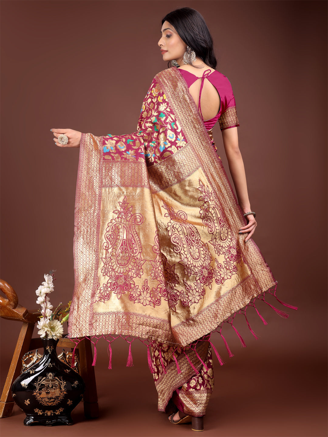 Shree Shyam Fashion Majestic Magenta Silk Saree with Gold Zari & Floral Design - Perfect for Festive & Traditional Occasions | Grocsy