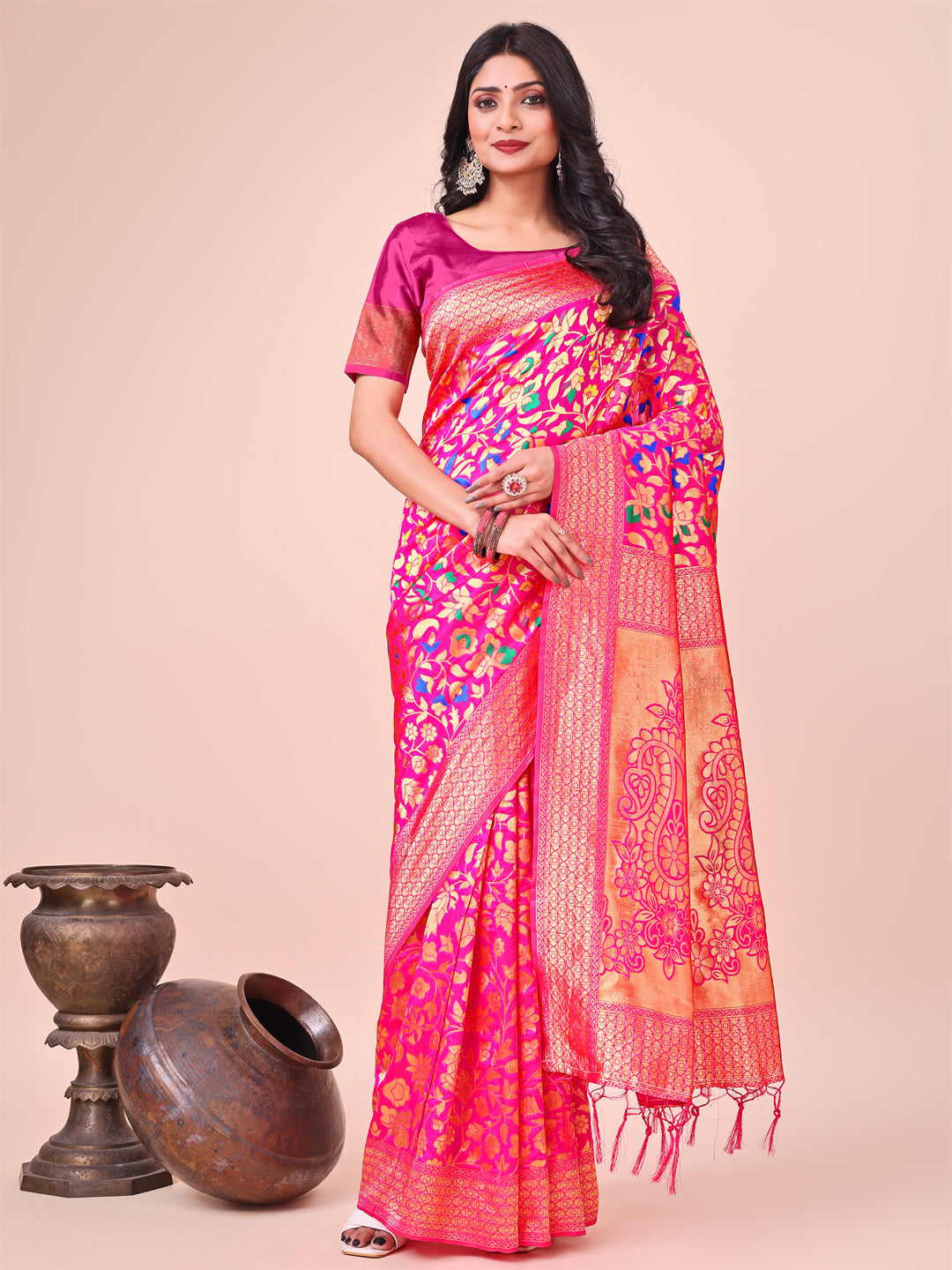 Shree Shyam Fashion Majestic Pink Silk Saree with Gold Zari & Floral Design - Perfect for Festive & Traditional Occasions | Grocsy