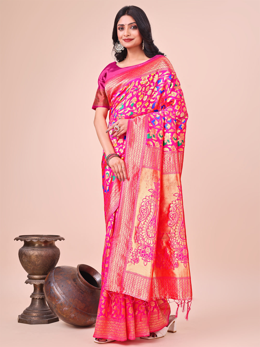 Shree Shyam Fashion Majestic Pink Silk Saree with Gold Zari & Floral Design - Perfect for Festive & Traditional Occasions | Grocsy