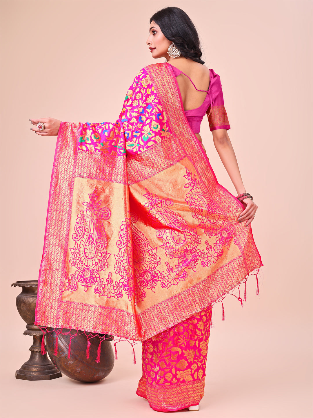 Shree Shyam Fashion Majestic Pink Silk Saree with Gold Zari & Floral Design - Perfect for Festive & Traditional Occasions | Grocsy