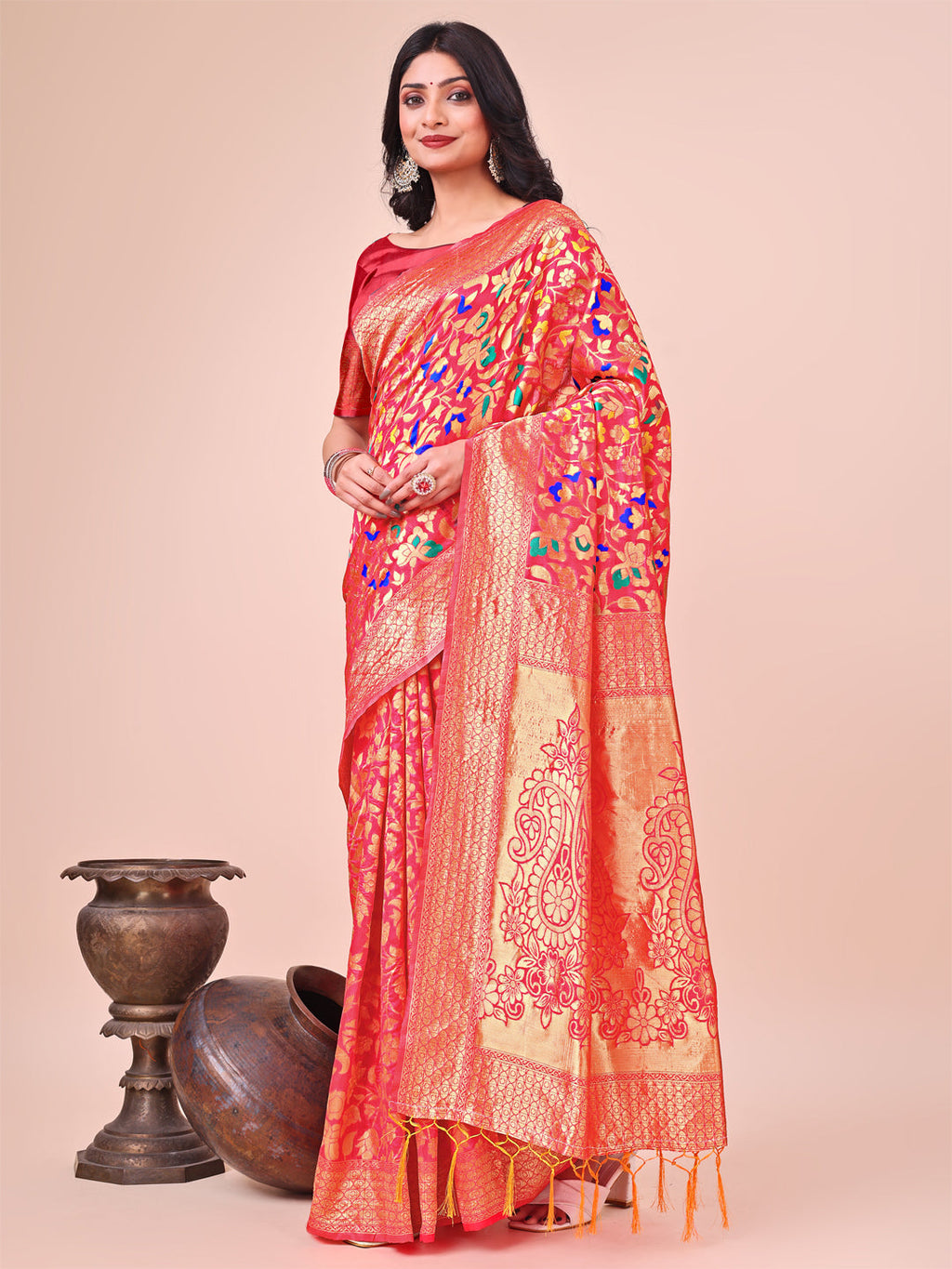 Shree Shyam Fashion Majestic Maroon Silk Saree with Gold Zari & Floral Design - Perfect for Festive & Traditional Occasions | Grocsy