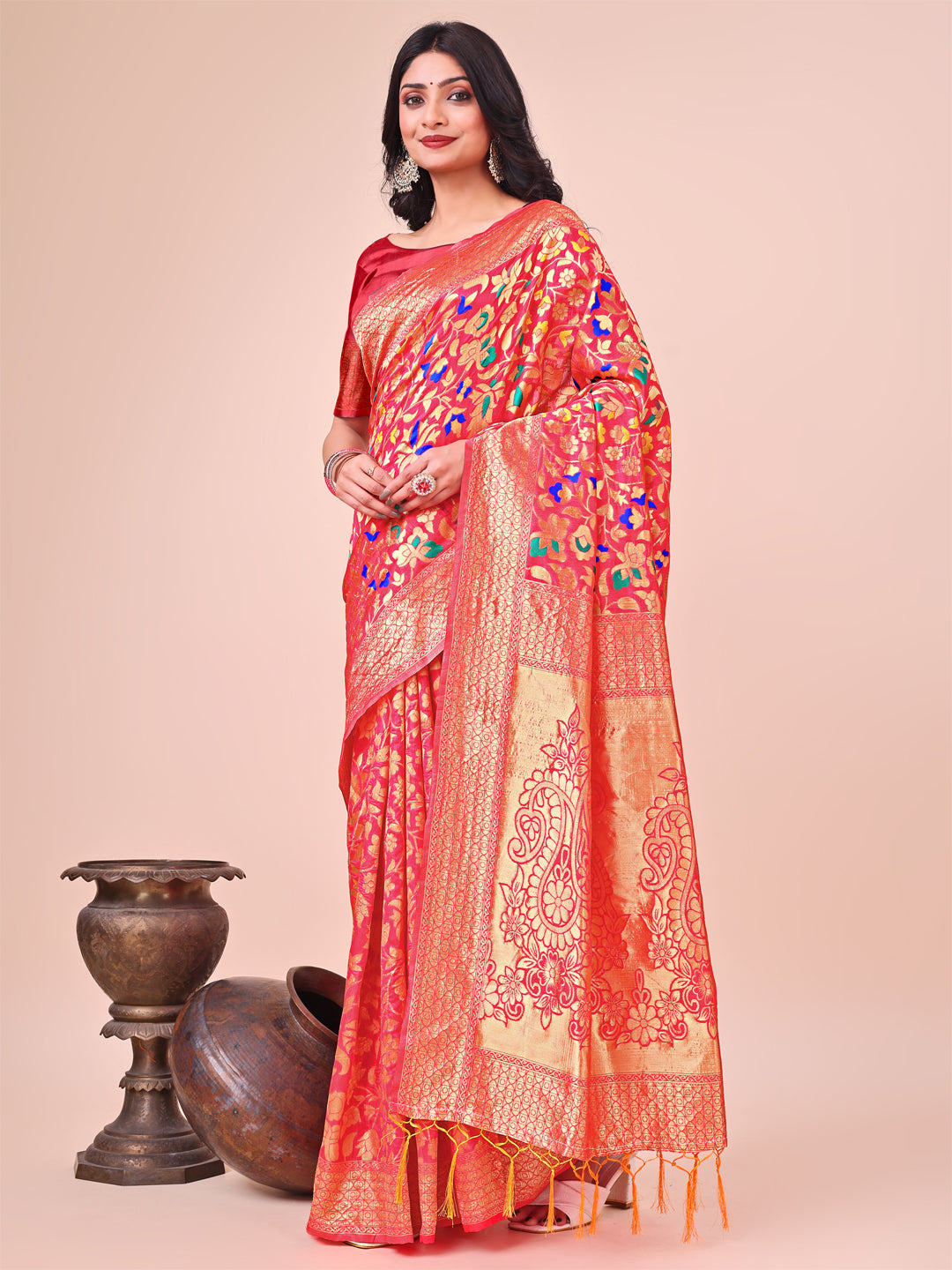 Shree Shyam Fashion Majestic Maroon Silk Saree with Gold Zari & Floral Design - Perfect for Festive & Traditional Occasions | Grocsy