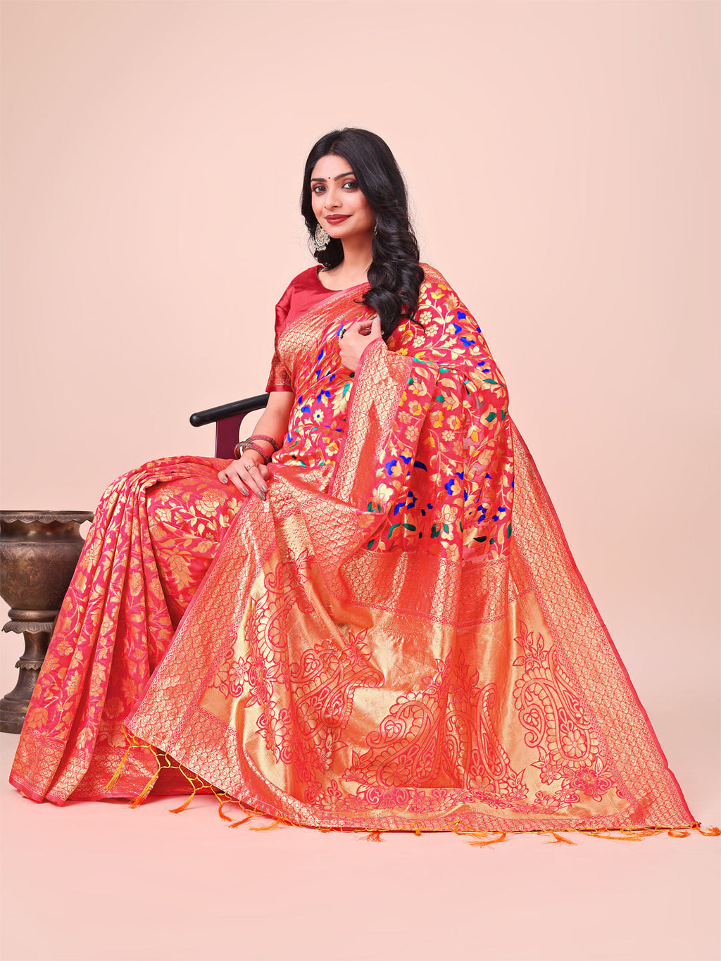Shree Shyam Fashion Majestic Maroon Silk Saree with Gold Zari & Floral Design - Perfect for Festive & Traditional Occasions | Grocsy