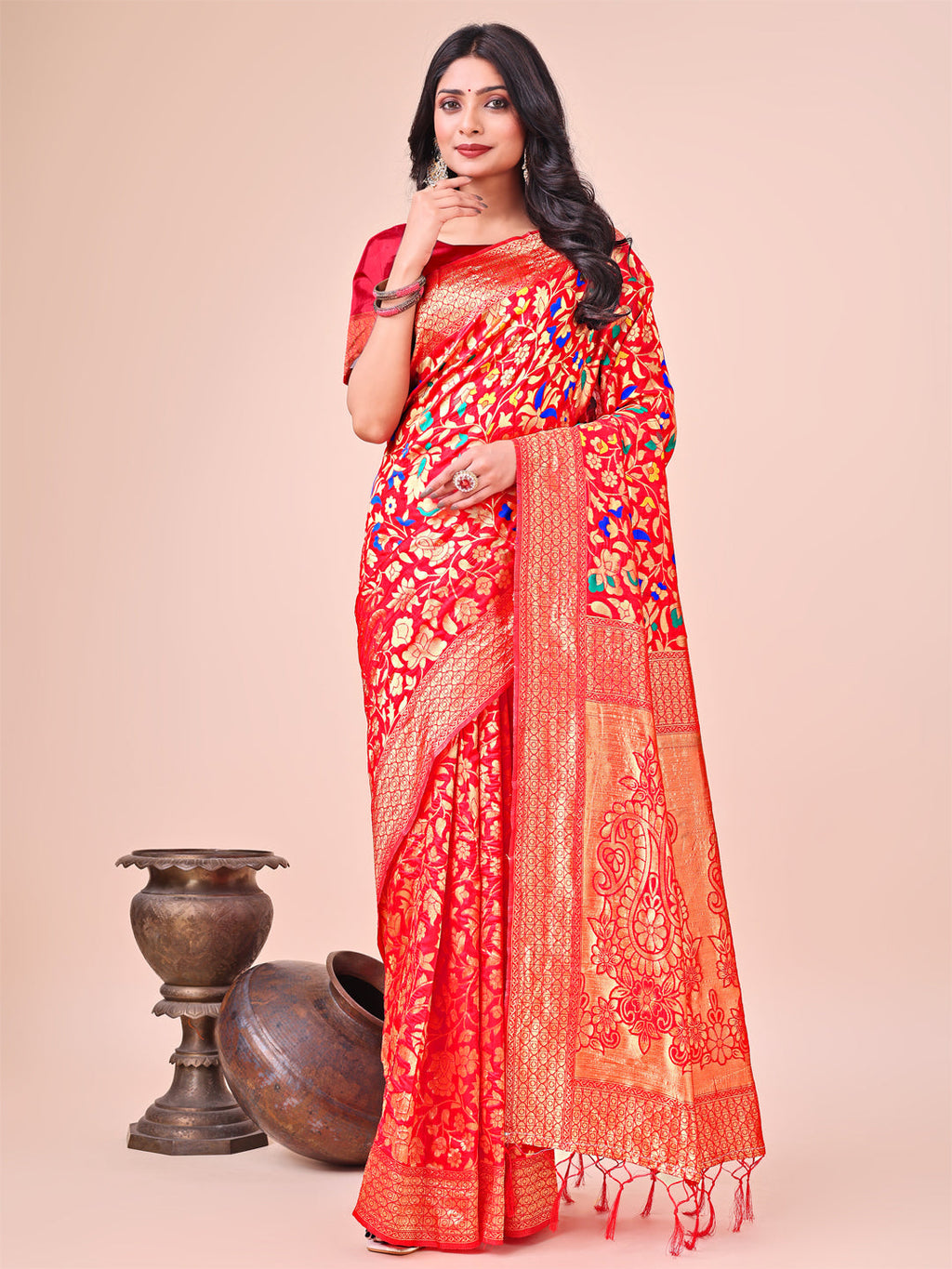 Shree Shyam Fashion Majestic Red Silk Saree with Gold Zari & Floral Design - Perfect for Festive & Traditional Occasions | Grocsy