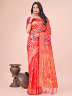 Shree Shyam Fashion Majestic Red Silk Saree with Gold Zari & Floral Design - Perfect for Festive & Traditional Occasions | Grocsy