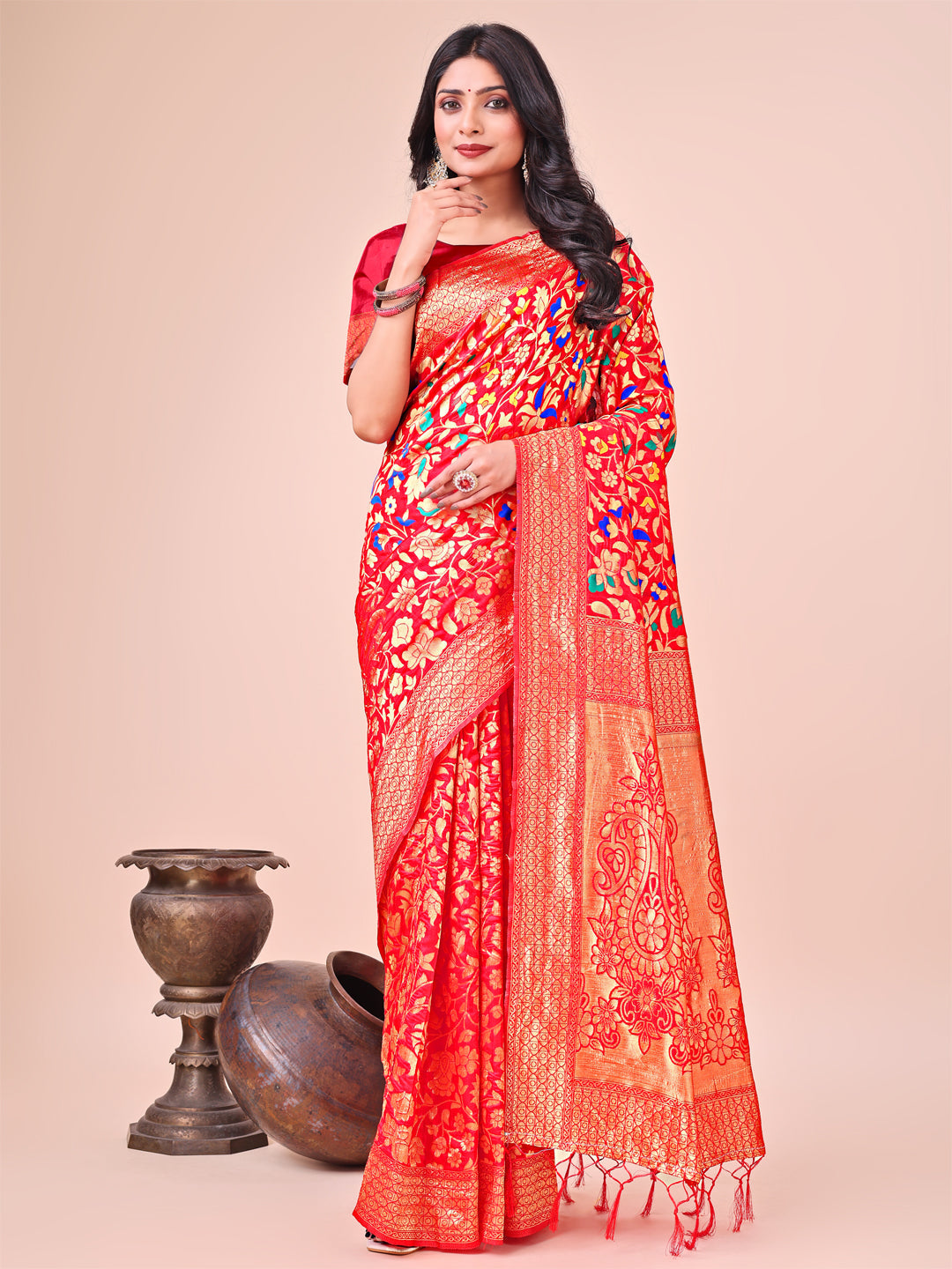 Shree Shyam Fashion Majestic Red Silk Saree with Gold Zari & Floral Design - Perfect for Festive & Traditional Occasions | Grocsy