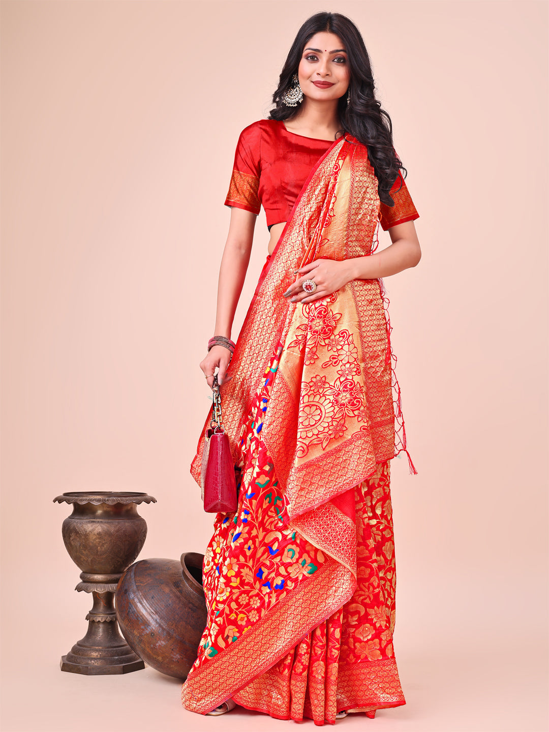 Shree Shyam Fashion Majestic Red Silk Saree with Gold Zari & Floral Design - Perfect for Festive & Traditional Occasions | Grocsy