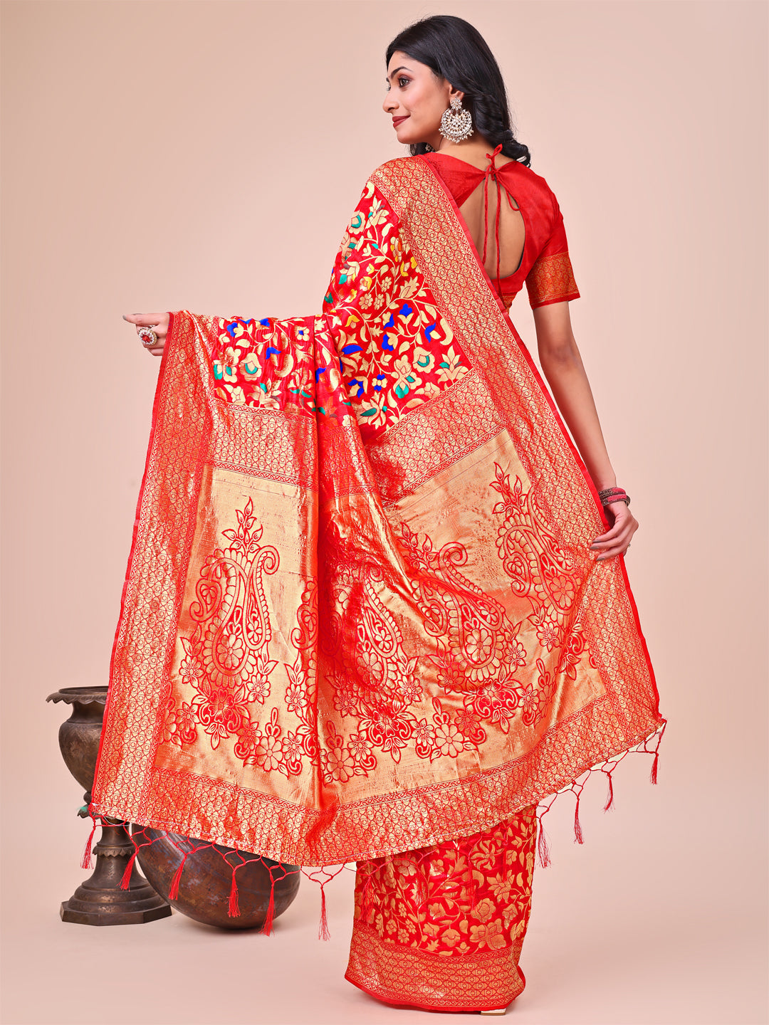 Shree Shyam Fashion Majestic Red Silk Saree with Gold Zari & Floral Design - Perfect for Festive & Traditional Occasions | Grocsy