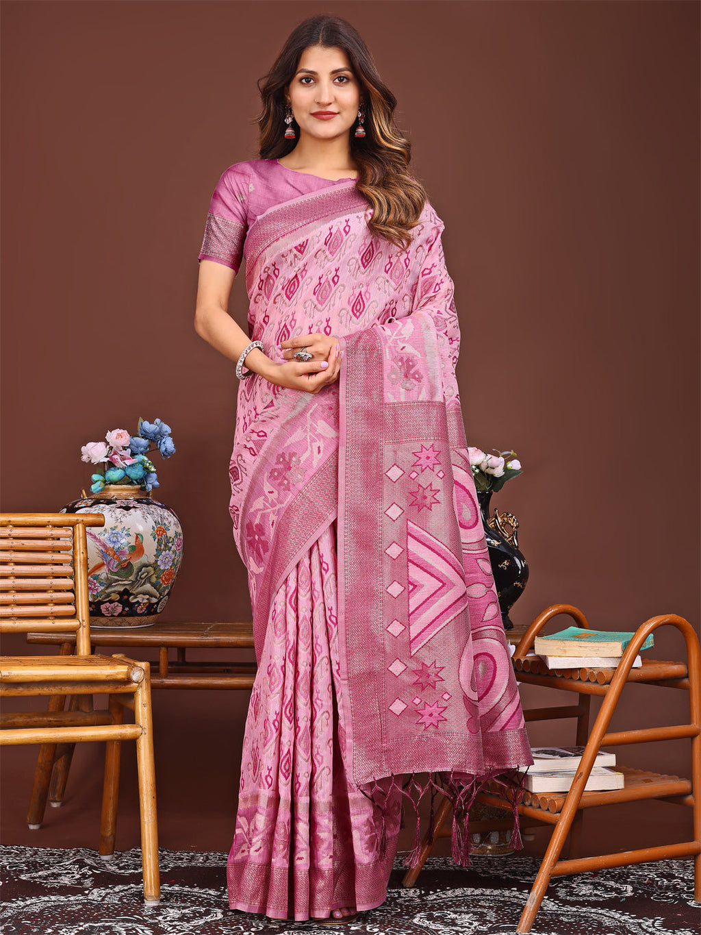 Shree Shyam Fashion Grace in Every Thread: Pink Patola Linen Cotton Saree Woven with Cultural Elegance | Grocsy