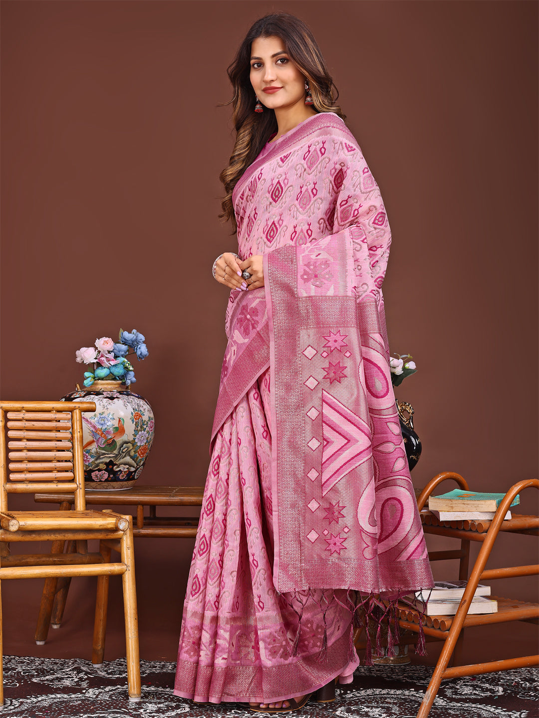 Shree Shyam Fashion Grace in Every Thread: Pink Patola Linen Cotton Saree Woven with Cultural Elegance | Grocsy