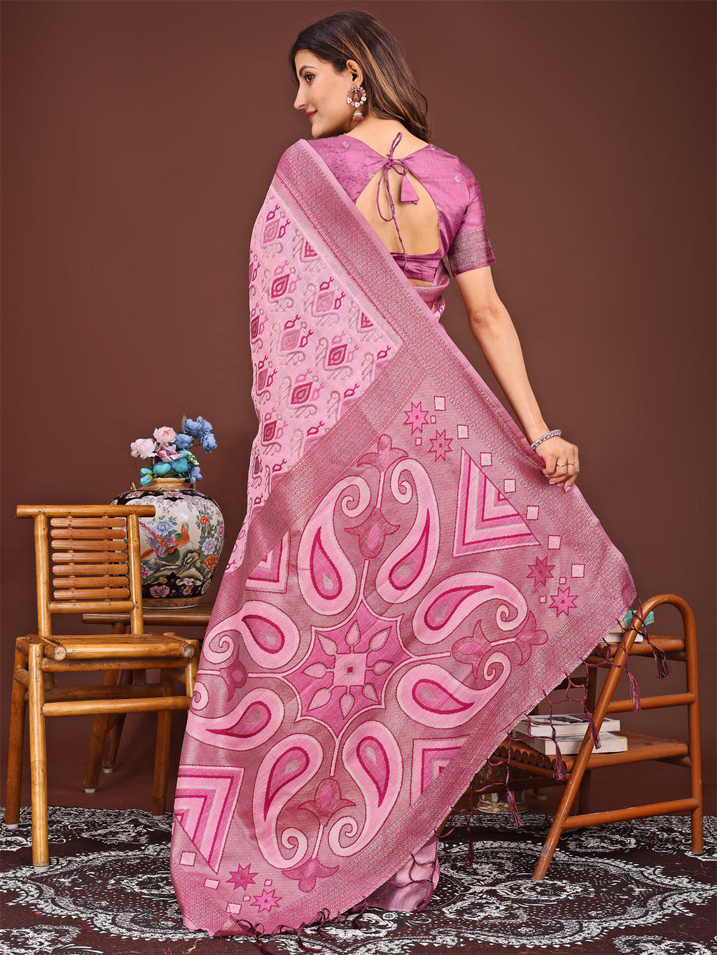 Shree Shyam Fashion Grace in Every Thread: Pink Patola Linen Cotton Saree Woven with Cultural Elegance | Grocsy