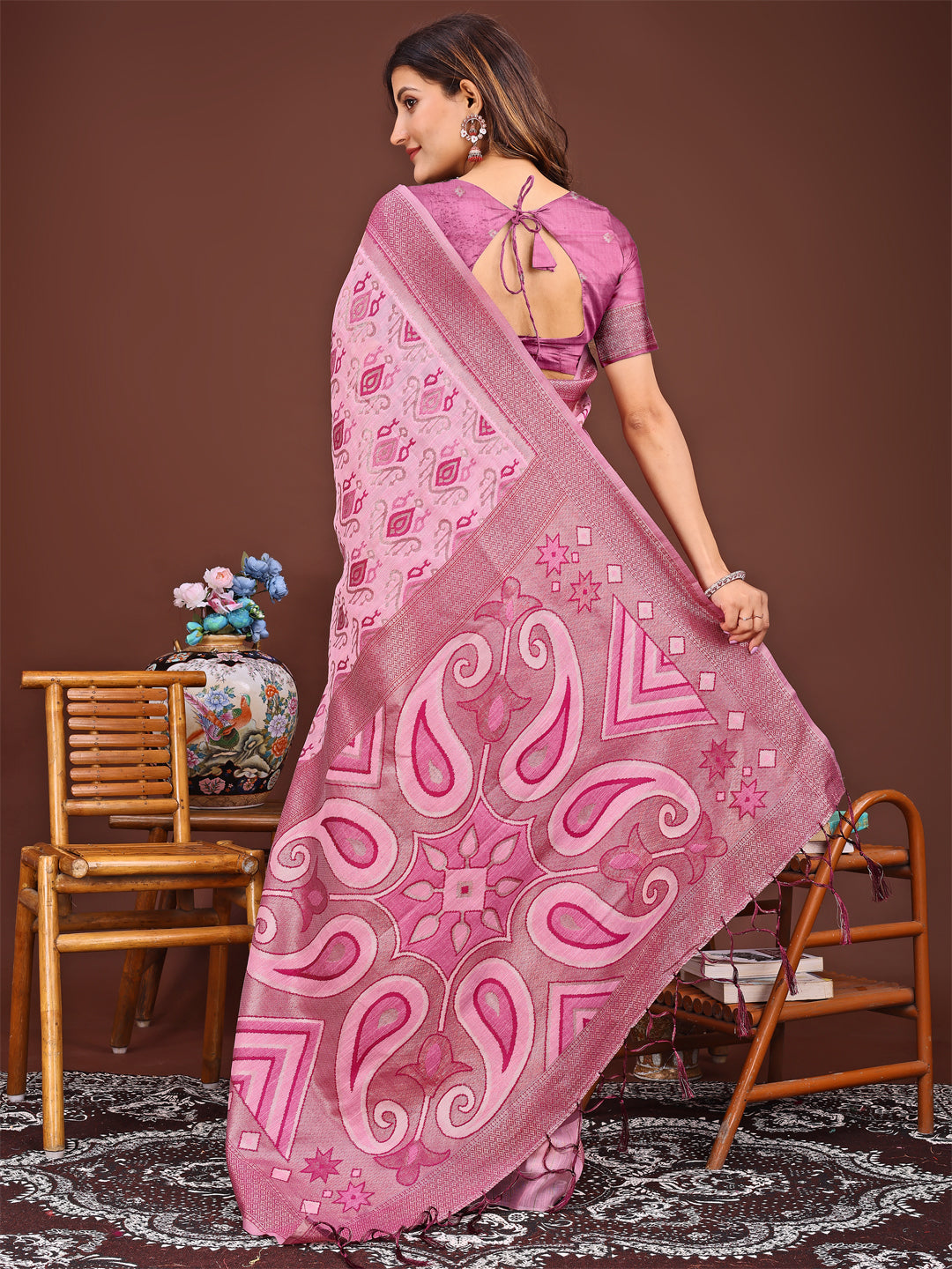 Shree Shyam Fashion Grace in Every Thread: Pink Patola Linen Cotton Saree Woven with Cultural Elegance | Grocsy