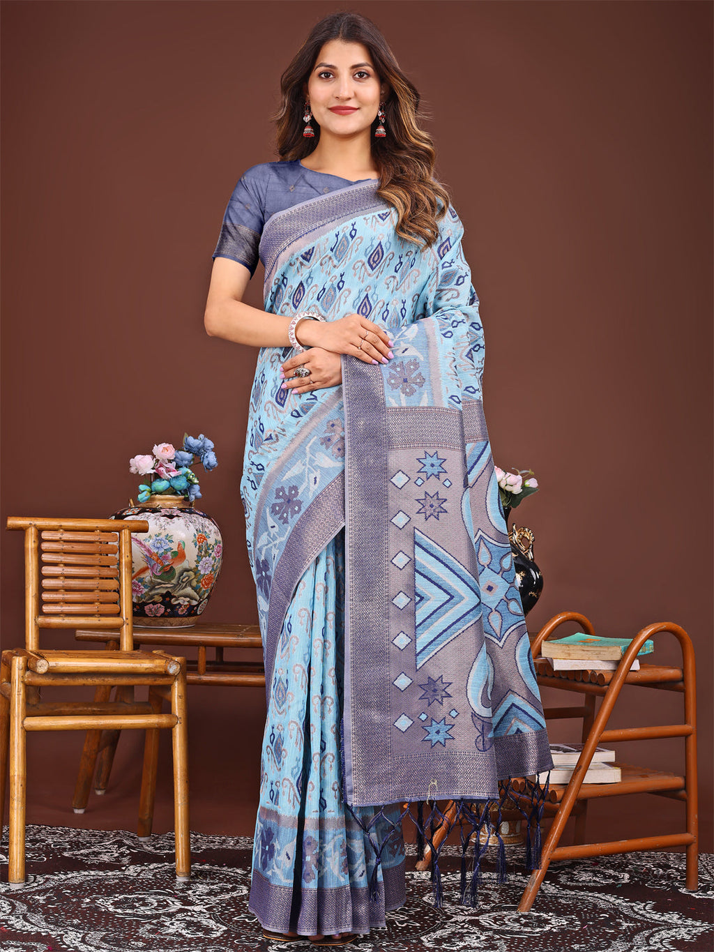 Shree Shyam Fashion Grace in Every Thread: Sky Blue Patola Linen Cotton Saree Woven with Cultural Elegance | Grocsy