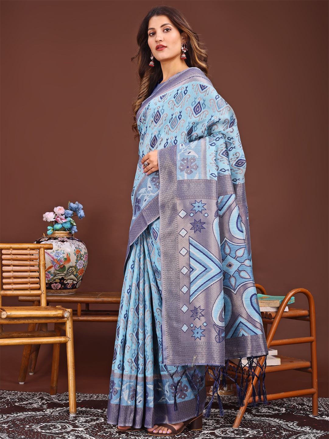 Shree Shyam Fashion Grace in Every Thread: Sky Blue Patola Linen Cotton Saree Woven with Cultural Elegance | Grocsy