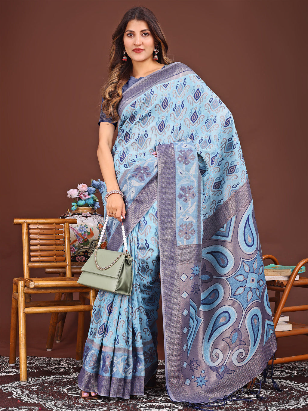 Shree Shyam Fashion Grace in Every Thread: Sky Blue Patola Linen Cotton Saree Woven with Cultural Elegance | Grocsy
