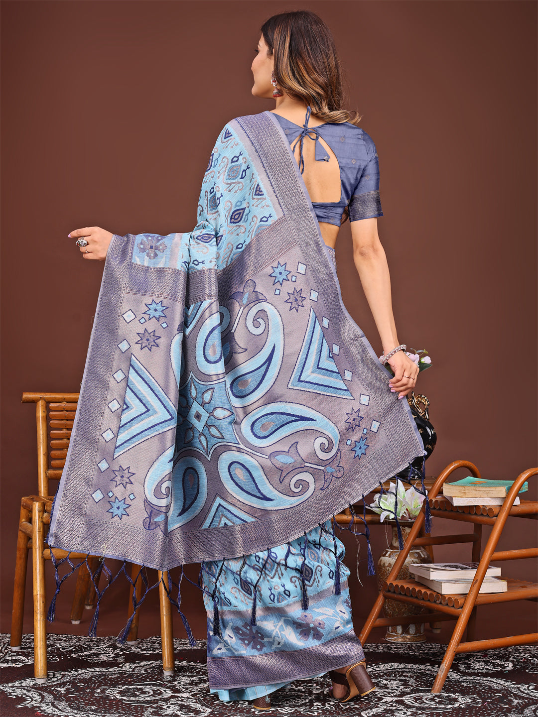 Shree Shyam Fashion Grace in Every Thread: Sky Blue Patola Linen Cotton Saree Woven with Cultural Elegance | Grocsy