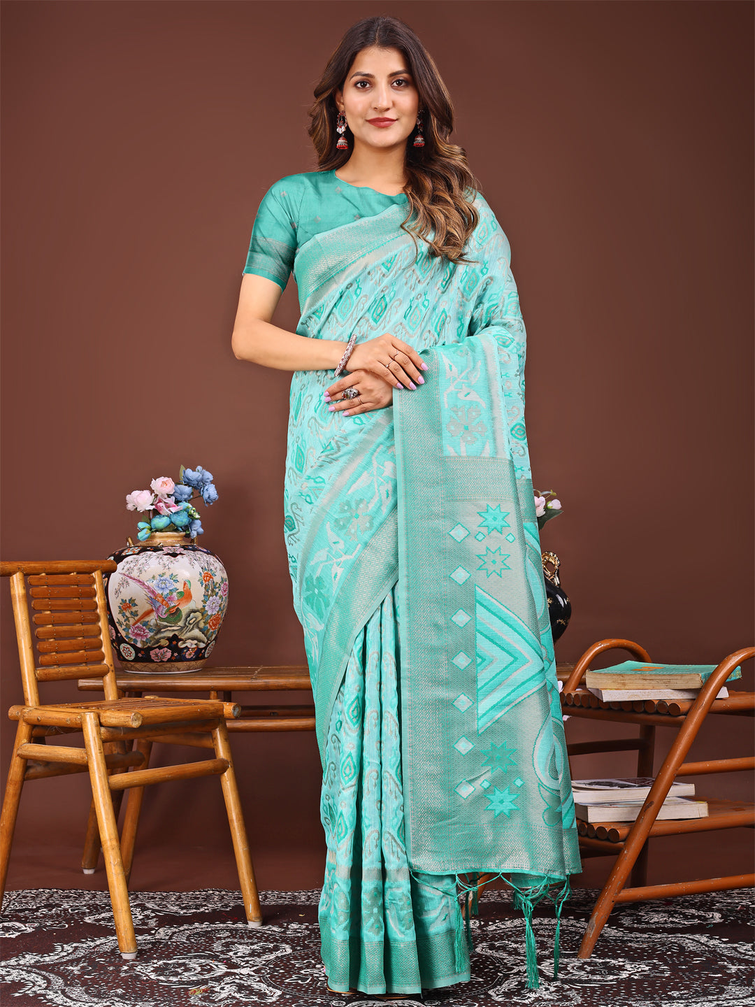 Shree Shyam Fashion Grace in Every Thread: Sea green Patola Linen Cotton Saree Woven with Cultural Elegance | Grocsy