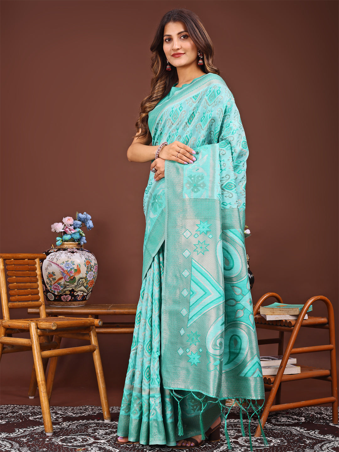 Shree Shyam Fashion Grace in Every Thread: Sea green Patola Linen Cotton Saree Woven with Cultural Elegance | Grocsy