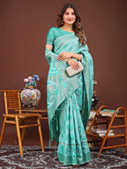 Shree Shyam Fashion Grace in Every Thread: Sea green Patola Linen Cotton Saree Woven with Cultural Elegance | Grocsy