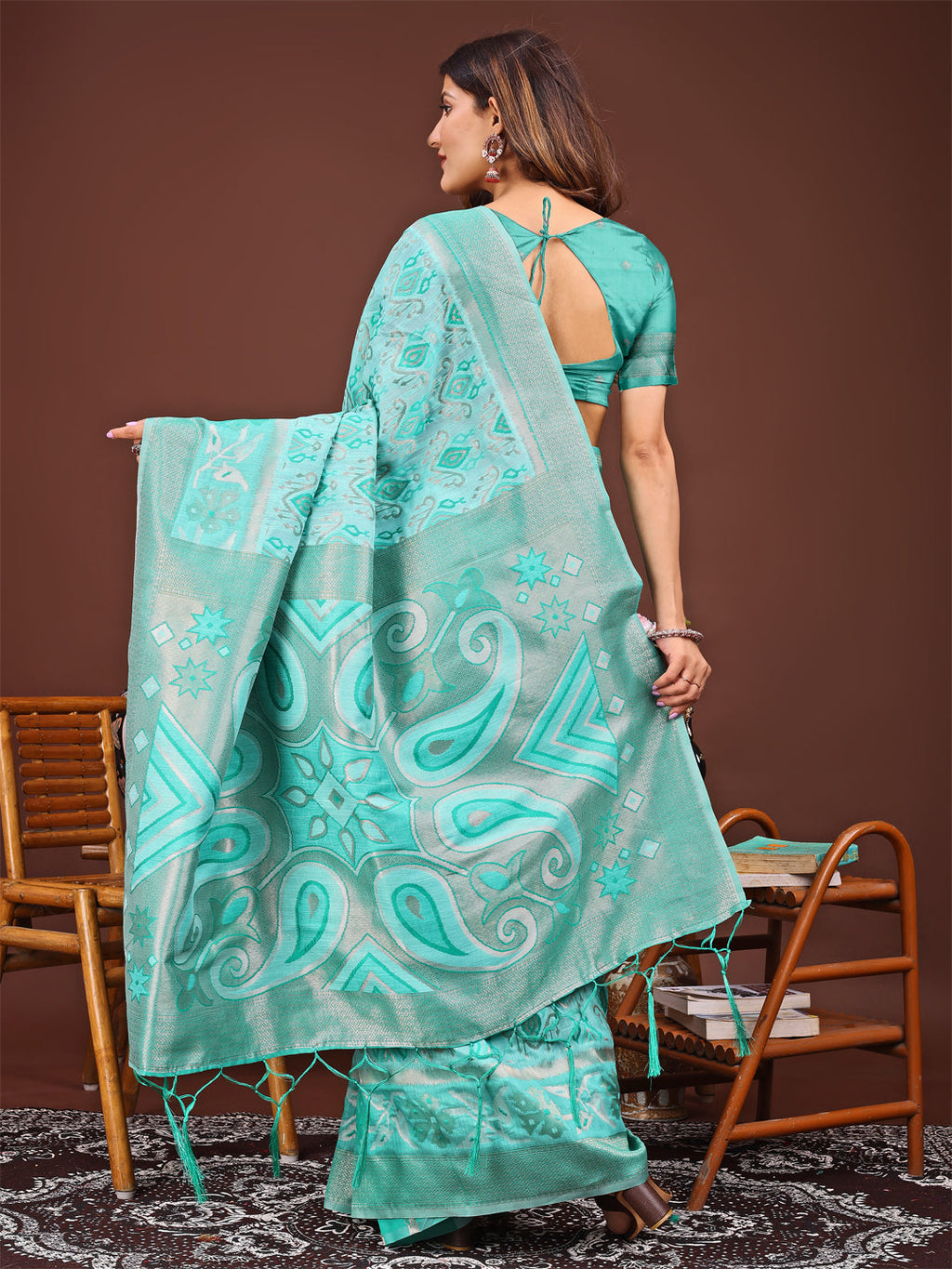 Shree Shyam Fashion Grace in Every Thread: Sea green Patola Linen Cotton Saree Woven with Cultural Elegance | Grocsy