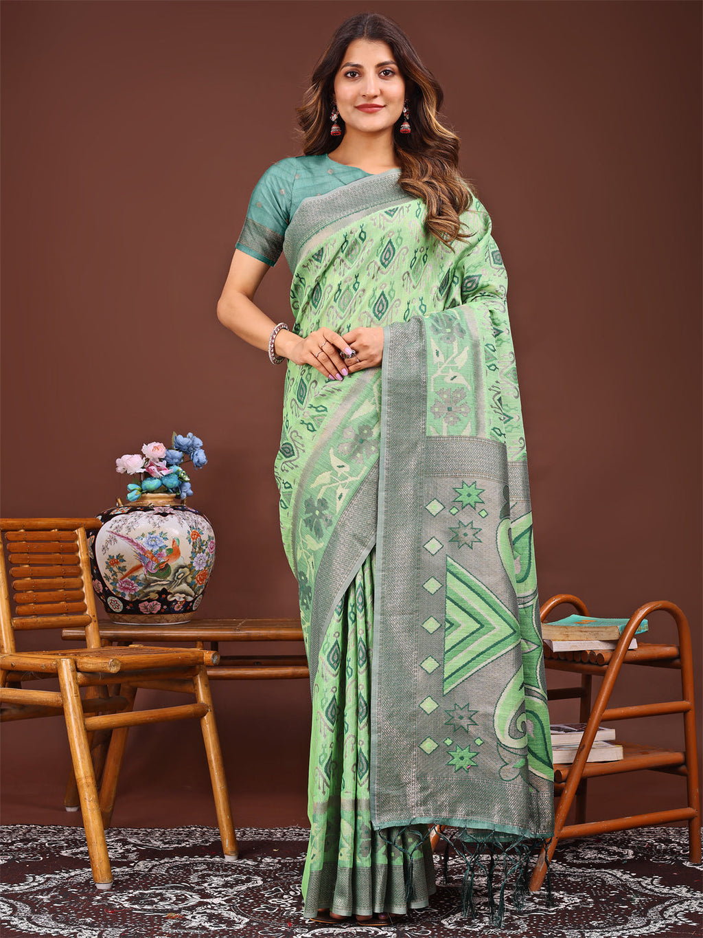 Shree Shyam Fashion Grace in Every Thread: Light green Patola Linen Cotton Saree Woven with Cultural Elegance | Grocsy