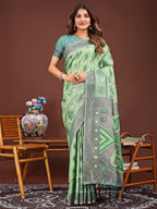 Shree Shyam Fashion Grace in Every Thread: Light green Patola Linen Cotton Saree Woven with Cultural Elegance | Grocsy