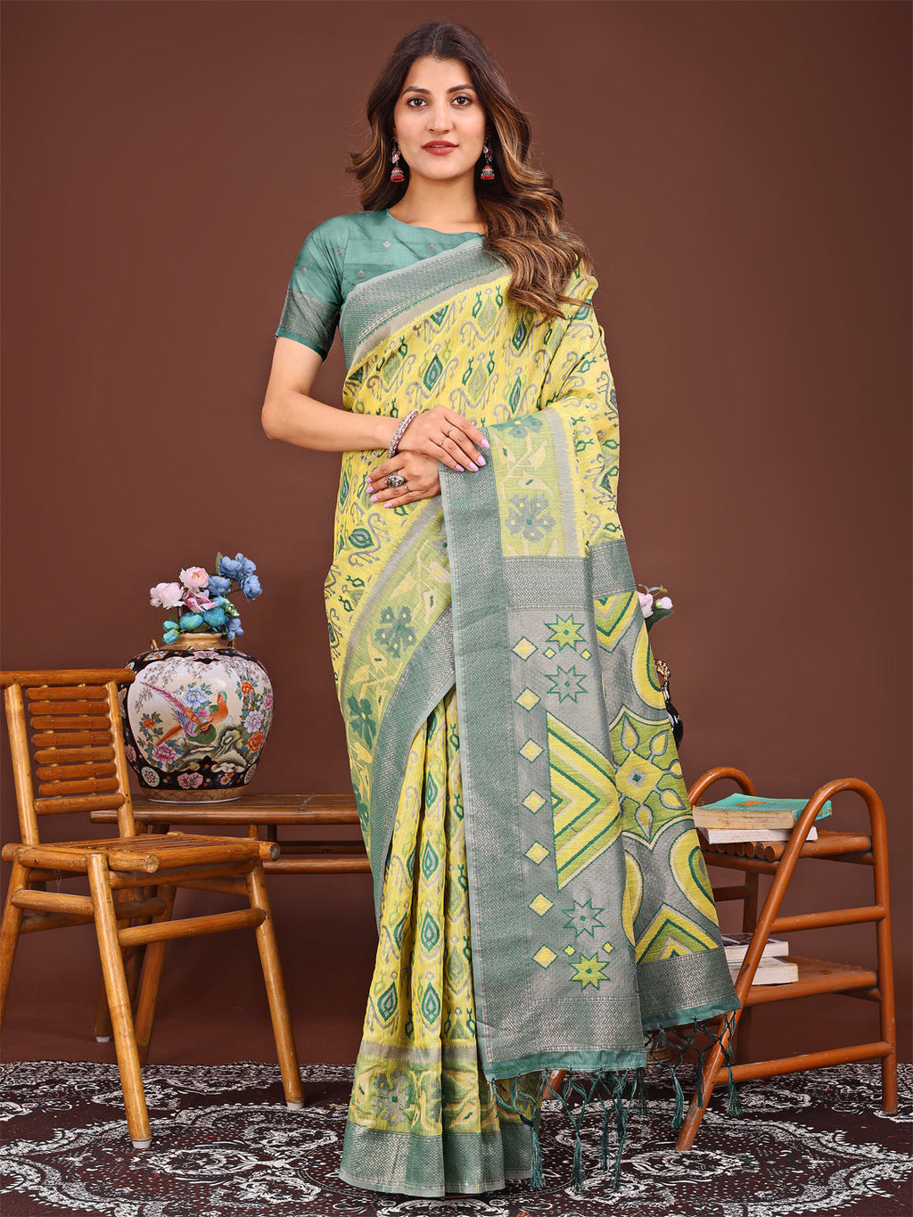 Shree Shyam Fashion Grace in Every Thread: Yellow Patola Linen Cotton Saree Woven with Cultural Elegance | Grocsy