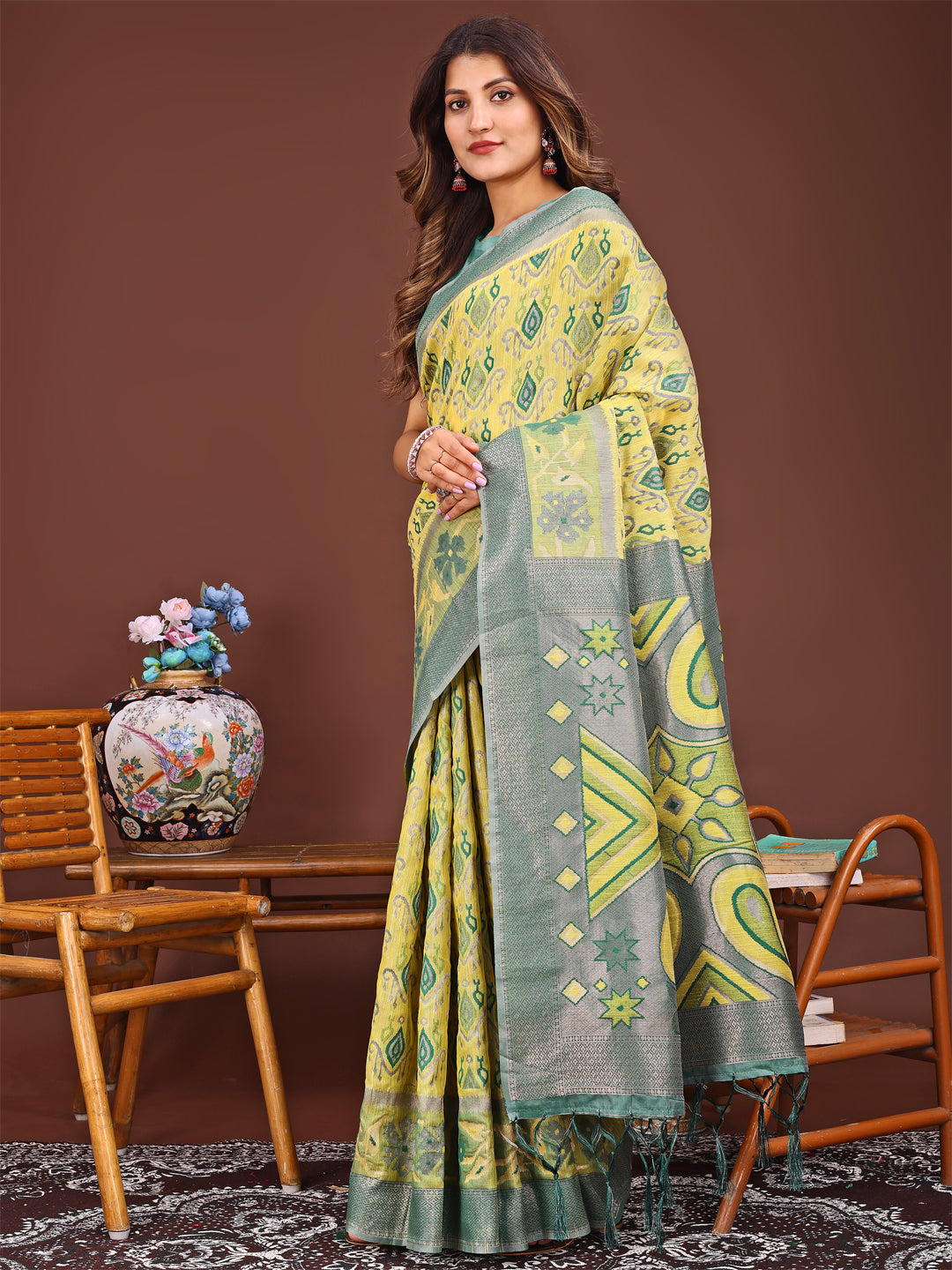 Shree Shyam Fashion Grace in Every Thread: Yellow Patola Linen Cotton Saree Woven with Cultural Elegance | Grocsy