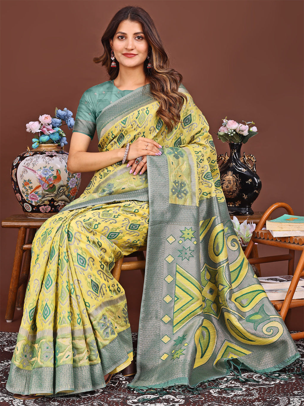 Shree Shyam Fashion Grace in Every Thread: Yellow Patola Linen Cotton Saree Woven with Cultural Elegance | Grocsy