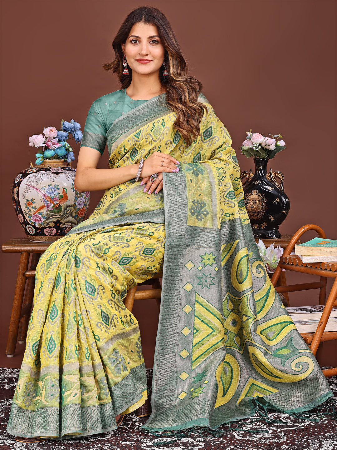Shree Shyam Fashion Grace in Every Thread: Yellow Patola Linen Cotton Saree Woven with Cultural Elegance | Grocsy