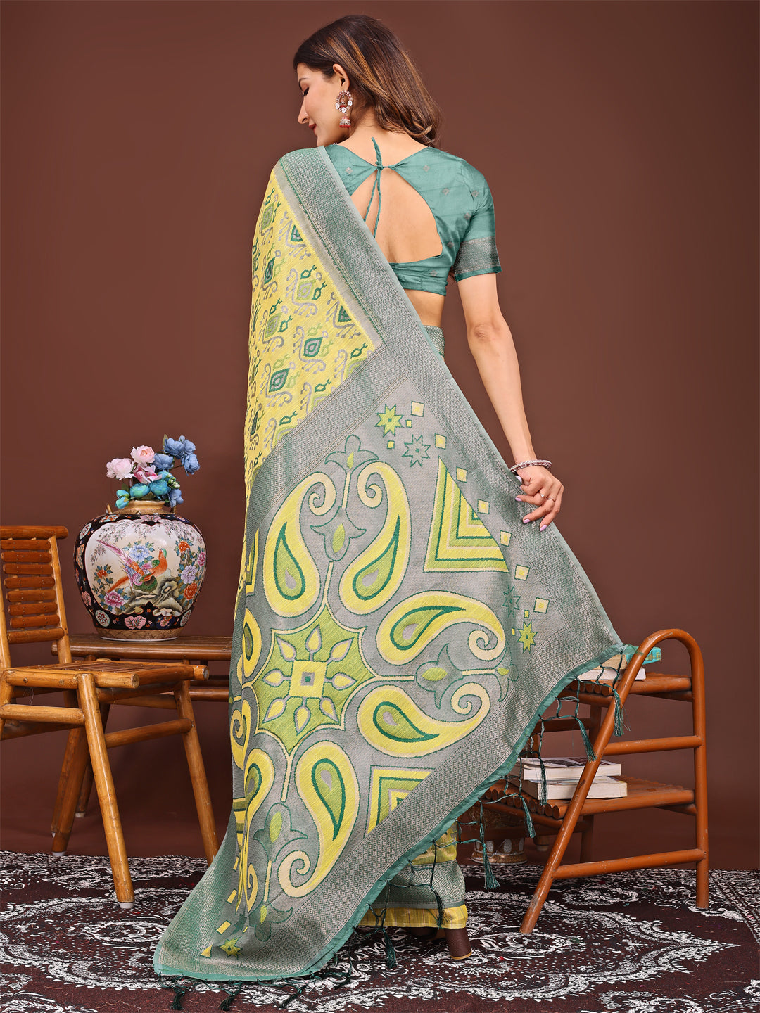 Shree Shyam Fashion Grace in Every Thread: Yellow Patola Linen Cotton Saree Woven with Cultural Elegance | Grocsy