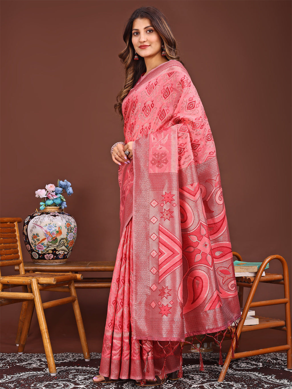 Shree Shyam Fashion Grace in Every Thread: Peach Patola Linen Cotton Saree Woven with Cultural Elegance | Grocsy