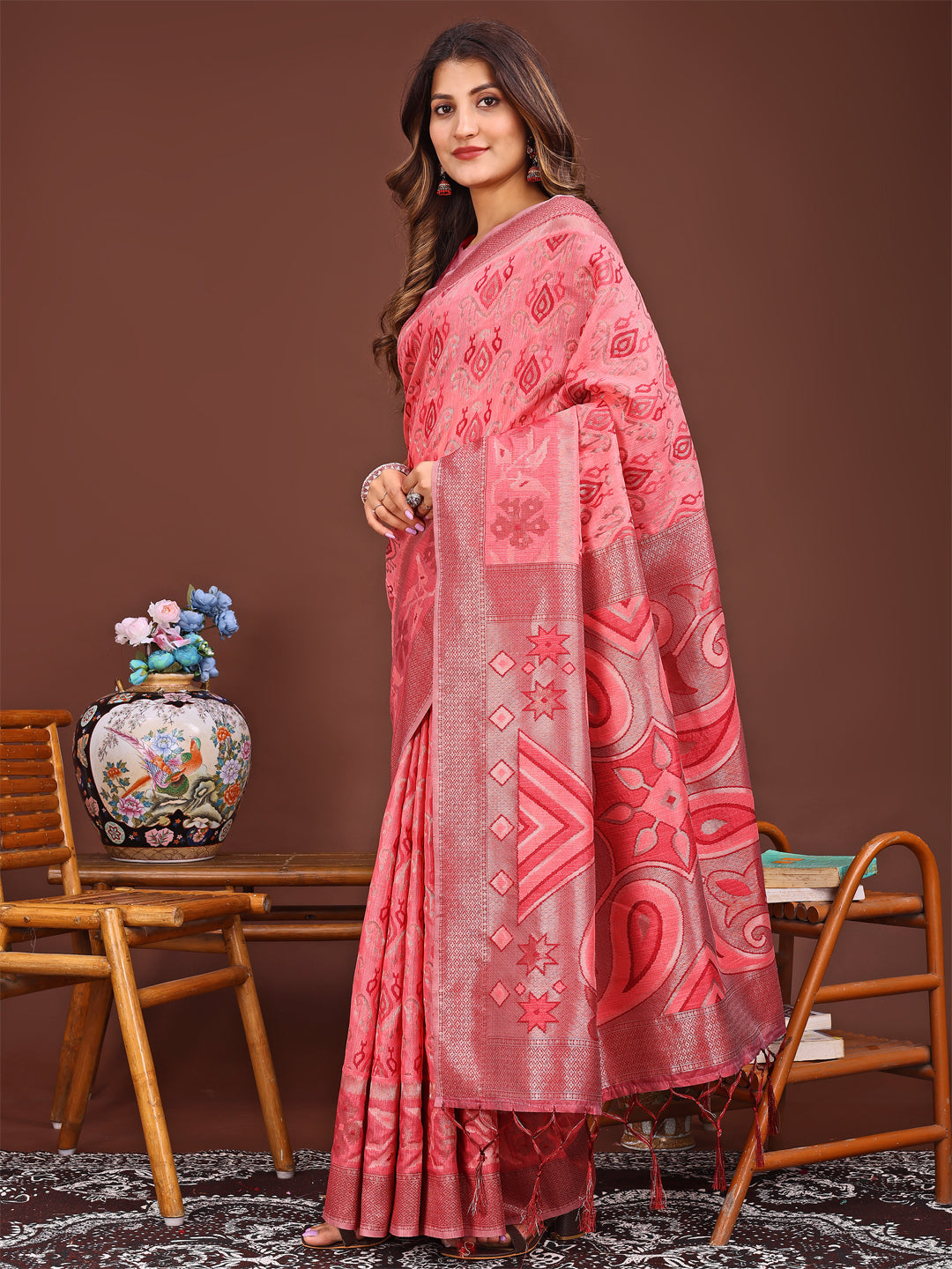 Shree Shyam Fashion Grace in Every Thread: Peach Patola Linen Cotton Saree Woven with Cultural Elegance | Grocsy