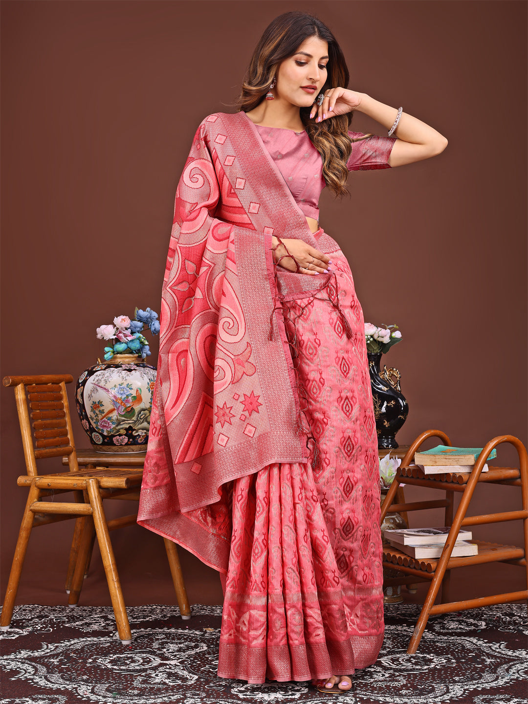 Shree Shyam Fashion Grace in Every Thread: Peach Patola Linen Cotton Saree Woven with Cultural Elegance | Grocsy