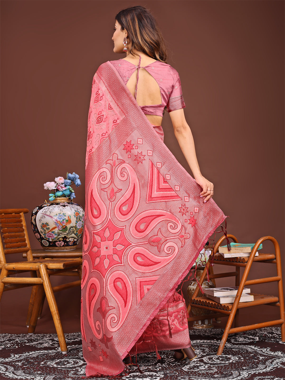Shree Shyam Fashion Grace in Every Thread: Peach Patola Linen Cotton Saree Woven with Cultural Elegance | Grocsy