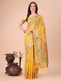 Shree Shyam Fashion Yellow Linen Saree with Multicolor Weaving & Zari Pallu - Elegant & Lightweight for Everyday Grace | Grocsy