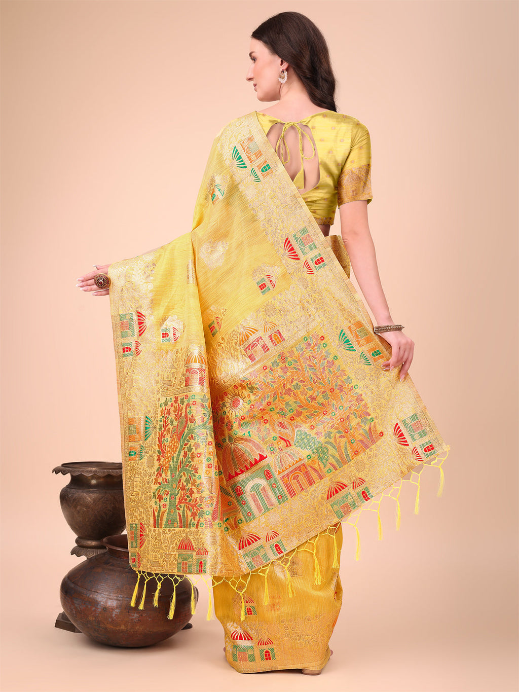 Shree Shyam Fashion Yellow Linen Saree with Multicolor Weaving & Zari Pallu - Elegant & Lightweight for Everyday Grace | Grocsy