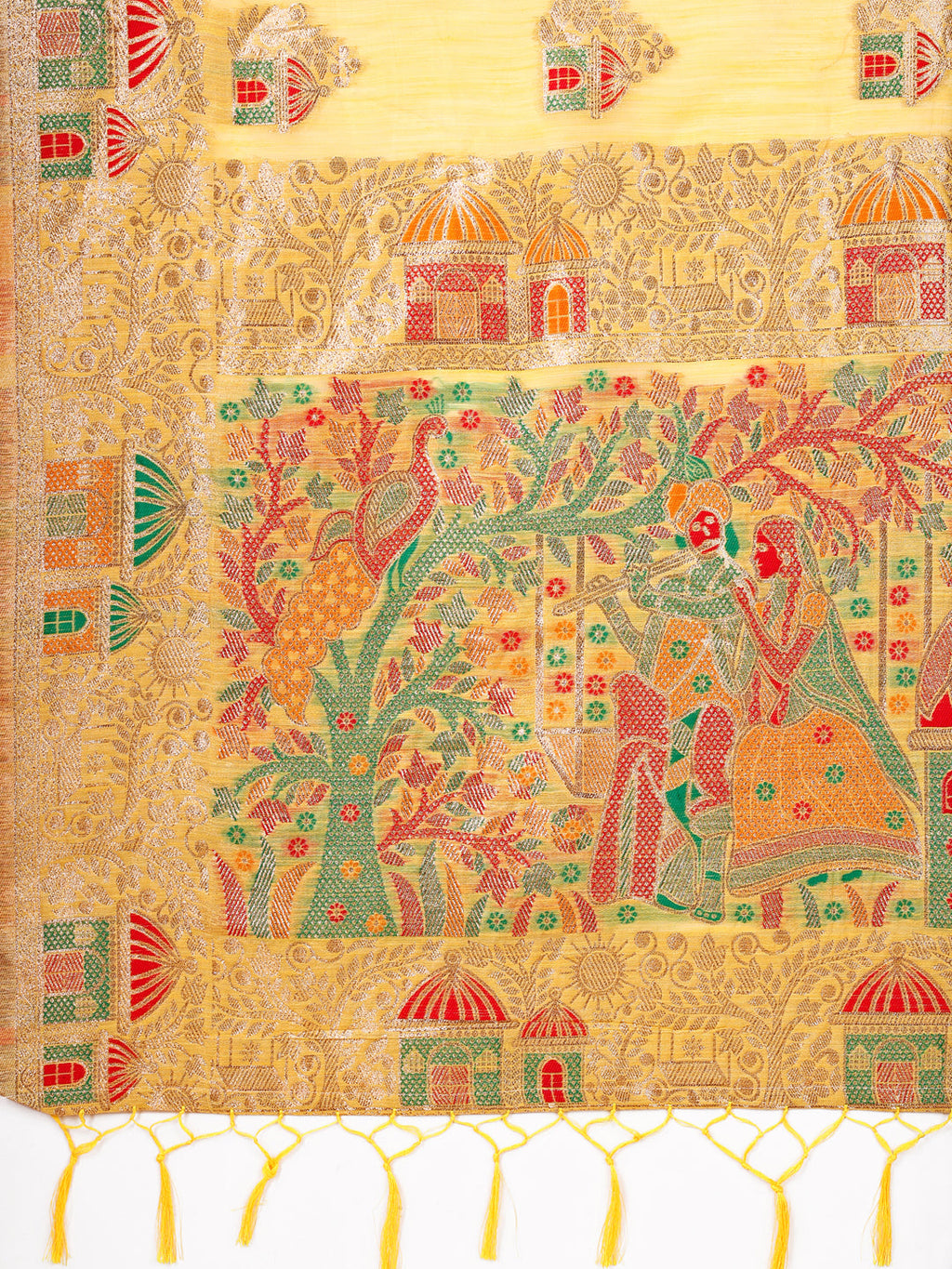 Shree Shyam Fashion Yellow Linen Saree with Multicolor Weaving & Zari Pallu - Elegant & Lightweight for Everyday Grace | Grocsy