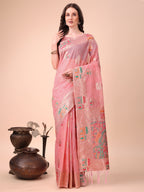 Shree Shyam Fashion Pink Linen Saree with Multicolor Weaving & Zari Pallu - Elegant & Lightweight for Everyday Grace | Grocsy
