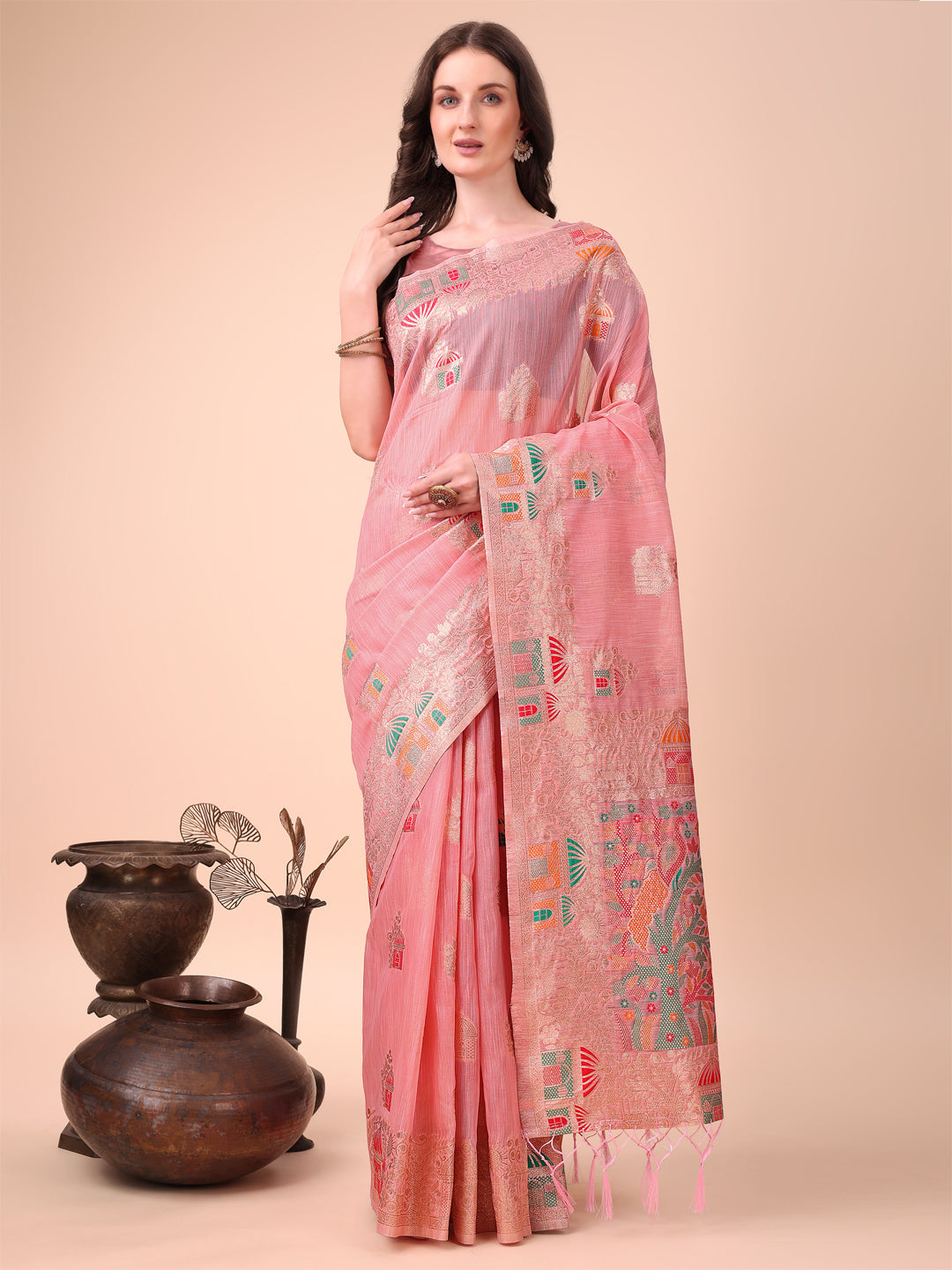 Shree Shyam Fashion Pink Linen Saree with Multicolor Weaving & Zari Pallu - Elegant & Lightweight for Everyday Grace | Grocsy