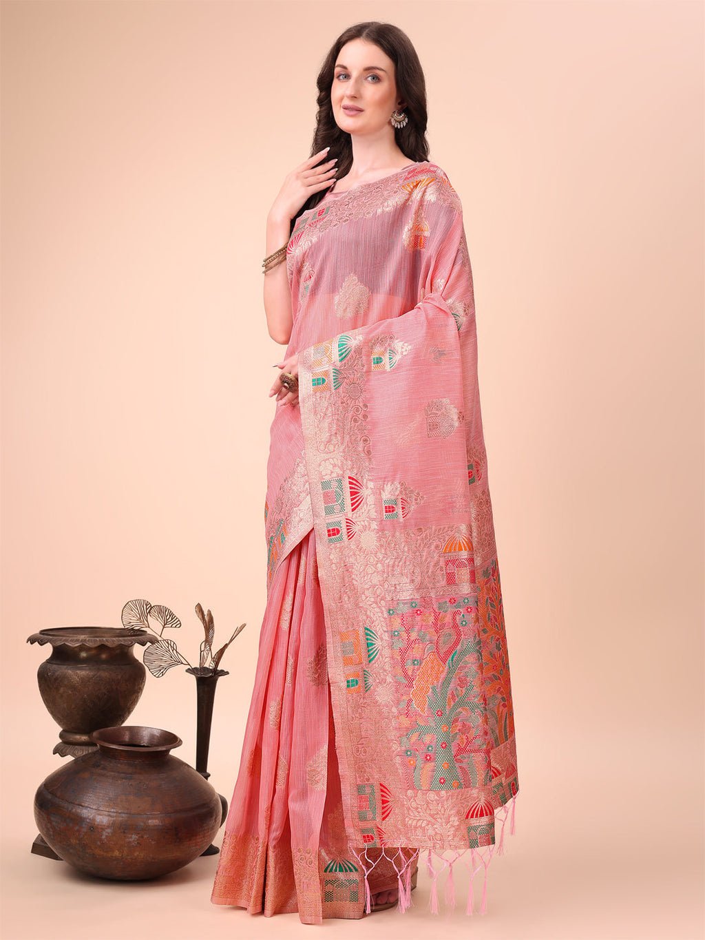 Shree Shyam Fashion Pink Linen Saree with Multicolor Weaving & Zari Pallu - Elegant & Lightweight for Everyday Grace | Grocsy
