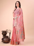 Shree Shyam Fashion Pink Linen Saree with Multicolor Weaving & Zari Pallu - Elegant & Lightweight for Everyday Grace | Grocsy
