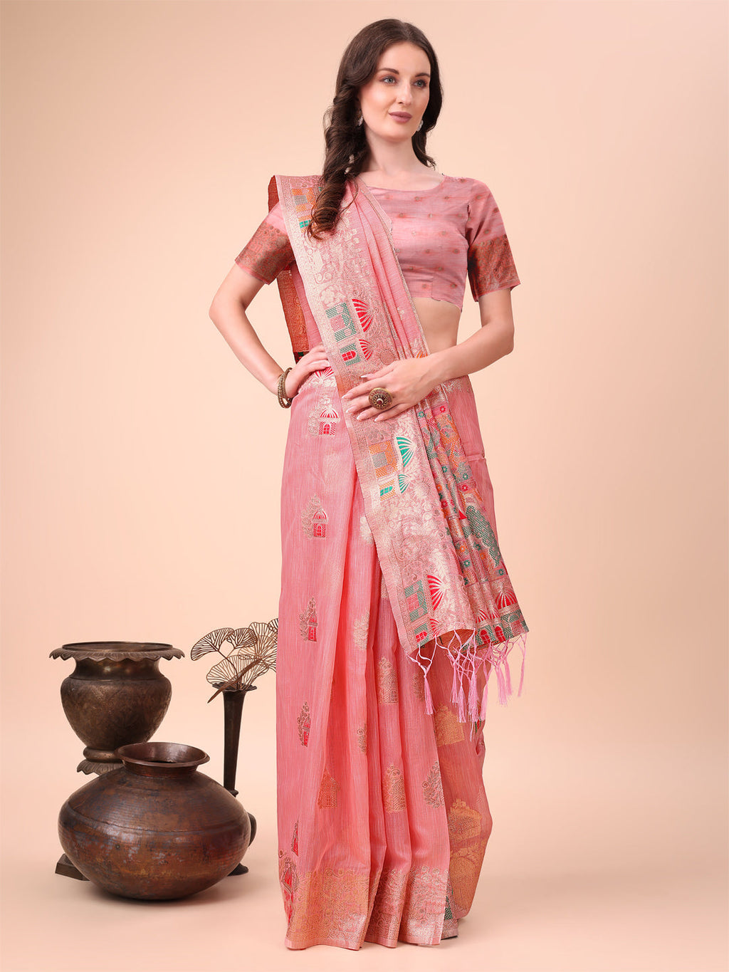 Shree Shyam Fashion Pink Linen Saree with Multicolor Weaving & Zari Pallu - Elegant & Lightweight for Everyday Grace | Grocsy