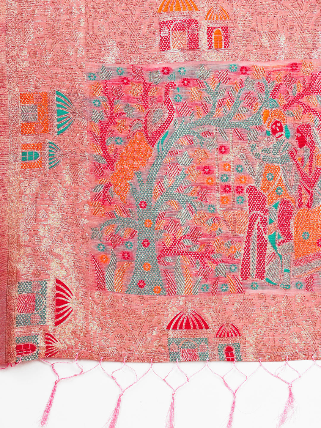 Shree Shyam Fashion Pink Linen Saree with Multicolor Weaving & Zari Pallu - Elegant & Lightweight for Everyday Grace | Grocsy